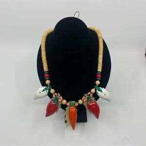Vintage wood fruit veggie leaf strawberry carrot statement necklace